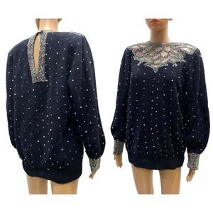 80s Bonnie Boerer Black Beaded Trophy Sweater w Pearls | 1989 | S/M